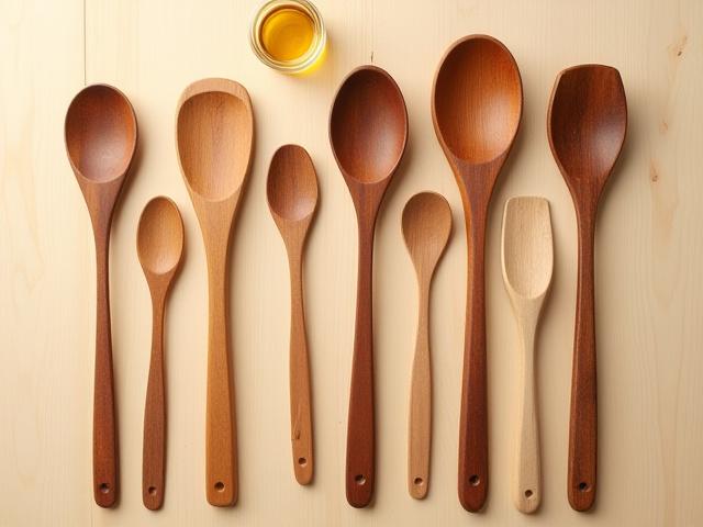 A collection of finished, naturally-colored wooden spoons neatly arranged on a workbench, ready for food-safe oiling.