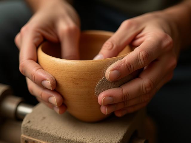 Detail shot of artisan's hands meticulously sanding a wooden bowl on a lathe.