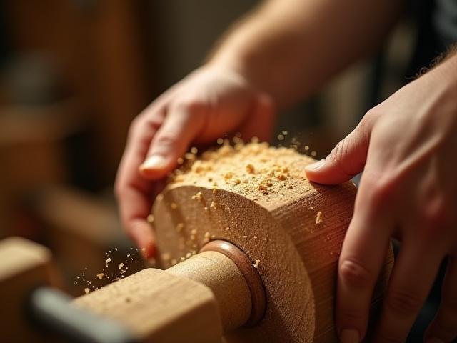 Close-up of a wood lathe turning a piece of wood, shavings flying.