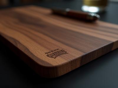 Beautiful walnut serving board with a company logo tastefully engraved