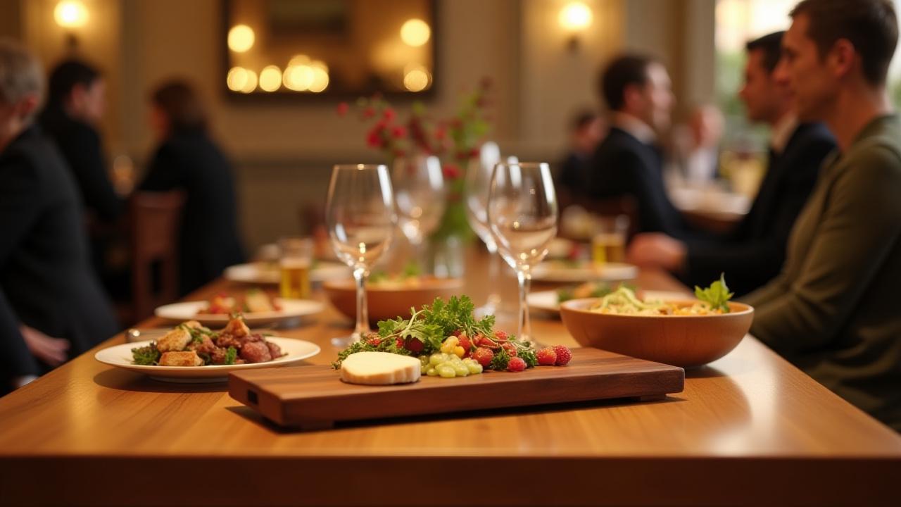 Professionally set restaurant table with PHYLLIS J DESSOYE wooden serving boards and bowls, with elegantly dressed patrons in background