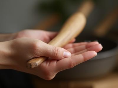 A close-up of a hand holding a Phyllis J Dessoye spatula, showing the natural curve fitting comfortably.