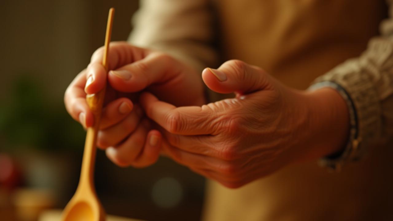 A grandfather and grandchild's hands holding a well-worn wooden spoon