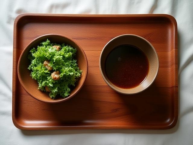 Beautiful wooden food tray with custom-fit bowls for in-room dining.