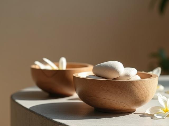Custom wooden bowls for spa amenities or treatment preparations.
