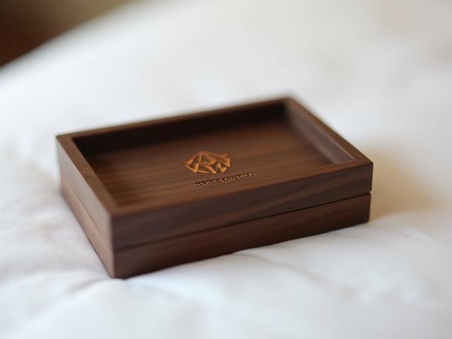 Small, engraved wooden box as a unique welcome amenity.