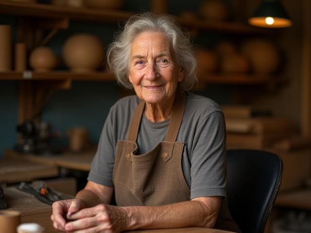 A warm, authentic portrait of Phyllis J Dessoye smiling, wearing a wood-dust apron in her well-lit, organized woodturning workshop.