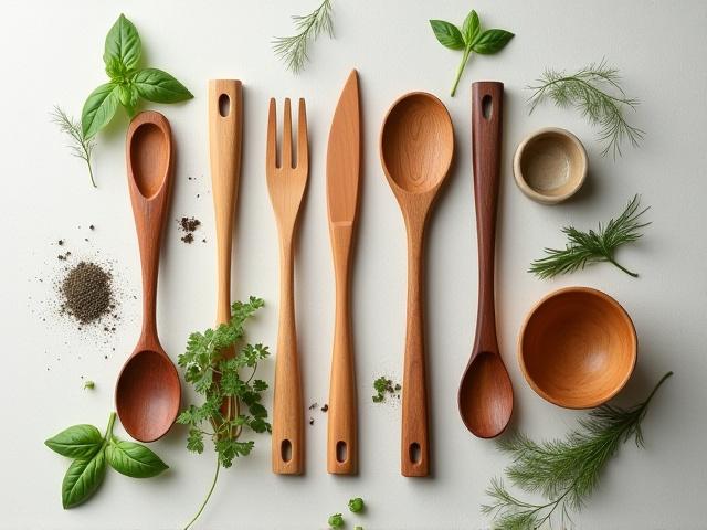 A beautiful flat-lay of diverse wooden kitchen utensils artfully arranged around fresh, vibrant vegetables, subtly contrasted with a discarded, dull grey plastic spatula in the background, out of focus.