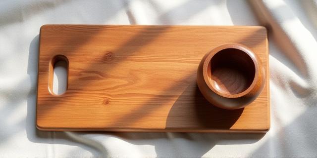Beautiful cherry wood serving board and smaller walnut turned bowl on a linen tablecloth
