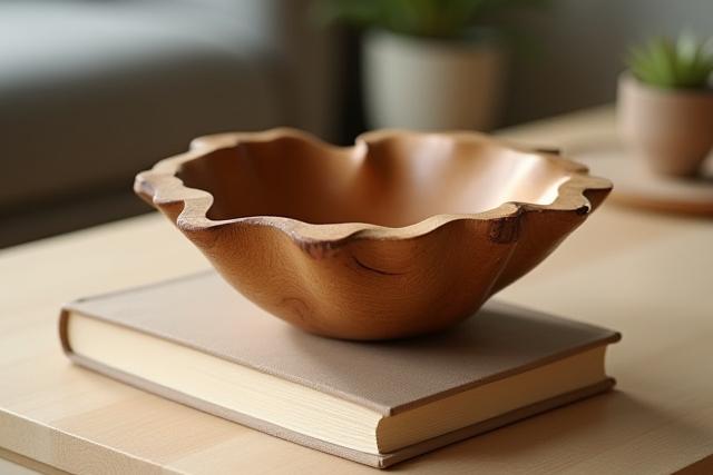 Small decorative wooden bowl as a centerpiece on a minimalist coffee table.