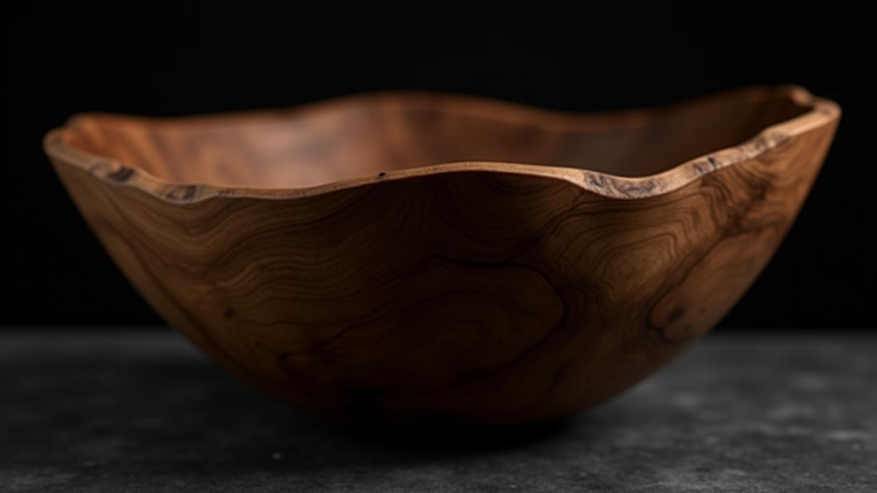 Dramatic close-up of a large, finely sanded walnut burl bowl against a dark, textured background, highlighting the wood grain