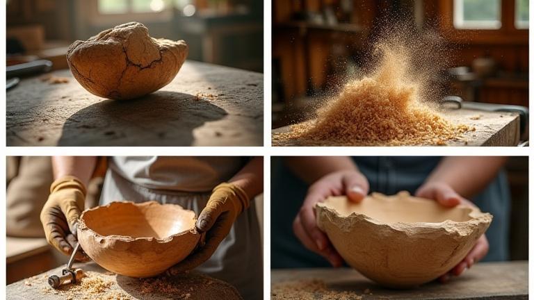 Collage of images showing the woodturning process: a raw wood burl, burl mounted on a lathe, wood shavings flying as a tool cuts, and the final smooth bowl shape emerging.