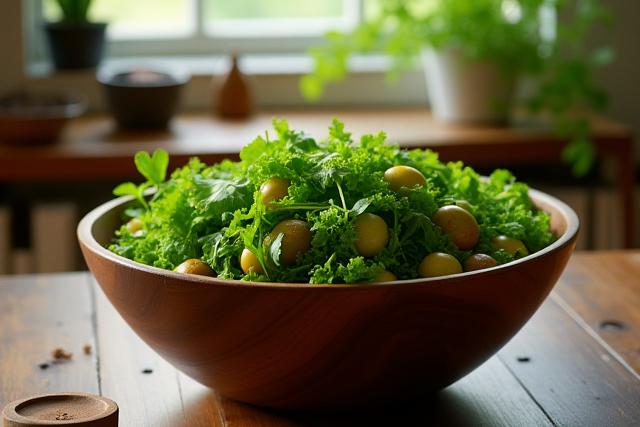 Large wooden bowl filled with a fresh, colorful salad on a rustic dining table.