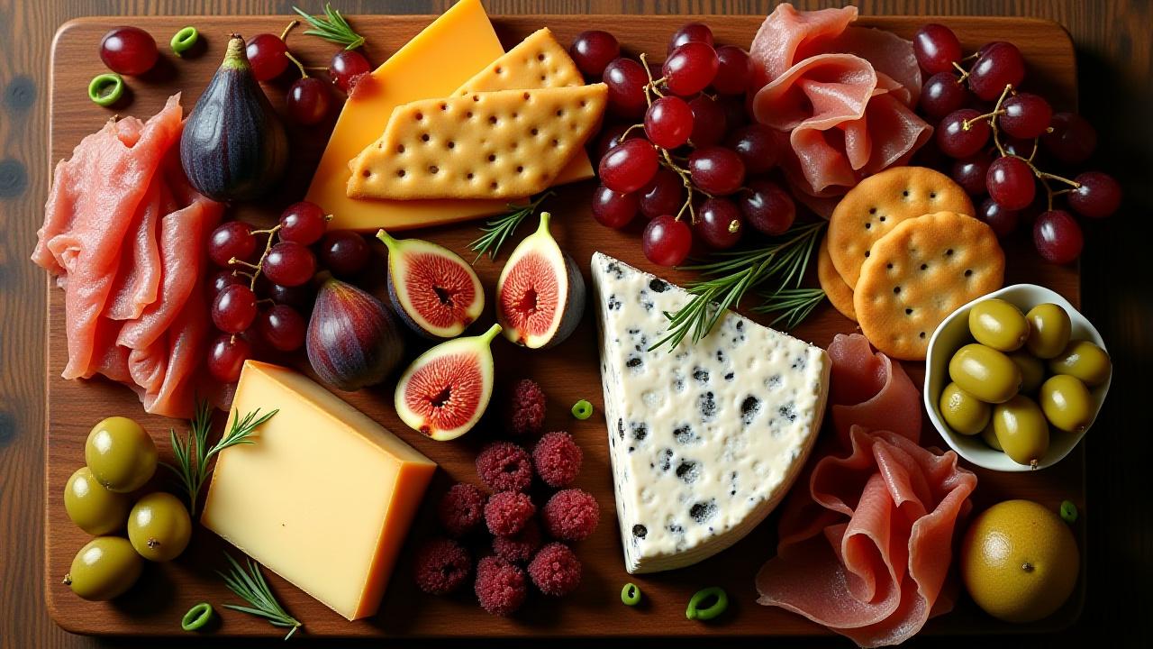 Stunning aerial shot of a walnut serving board laden with cheeses, fruits, and charcuterie