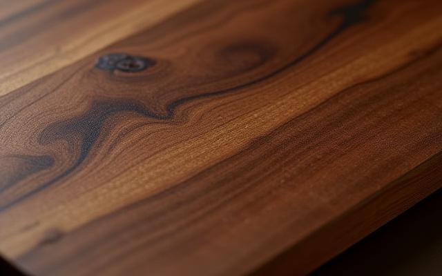 Close-up of a dark walnut serving board showing dramatic grain patterns