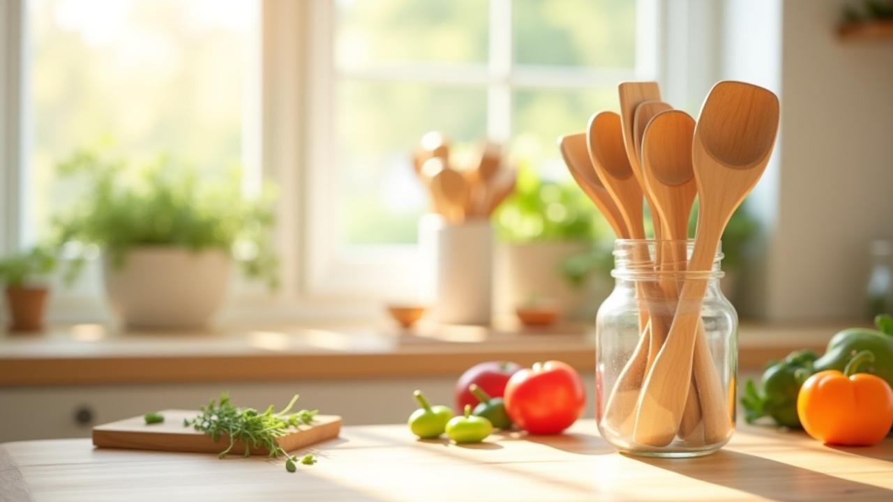 Bright, airy kitchen scene featuring Phyllis J Dessoye wooden utensils on a rustic counter with fresh produce.