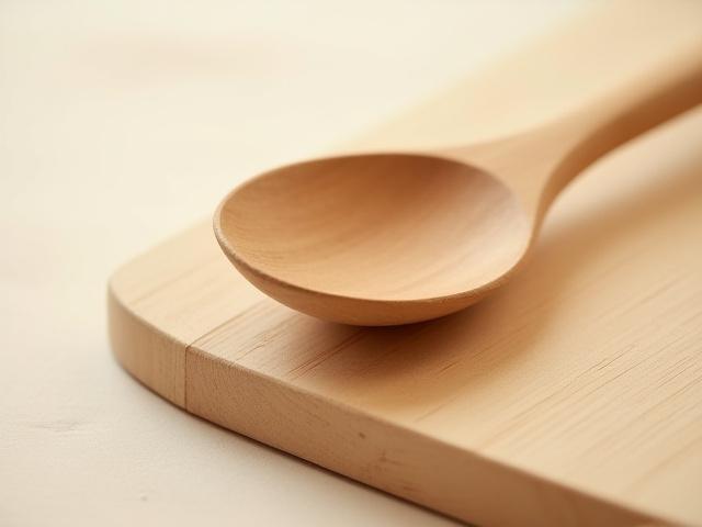 A classic, ergonomic wooden cooking spoon resting on a rustic wooden surface.
