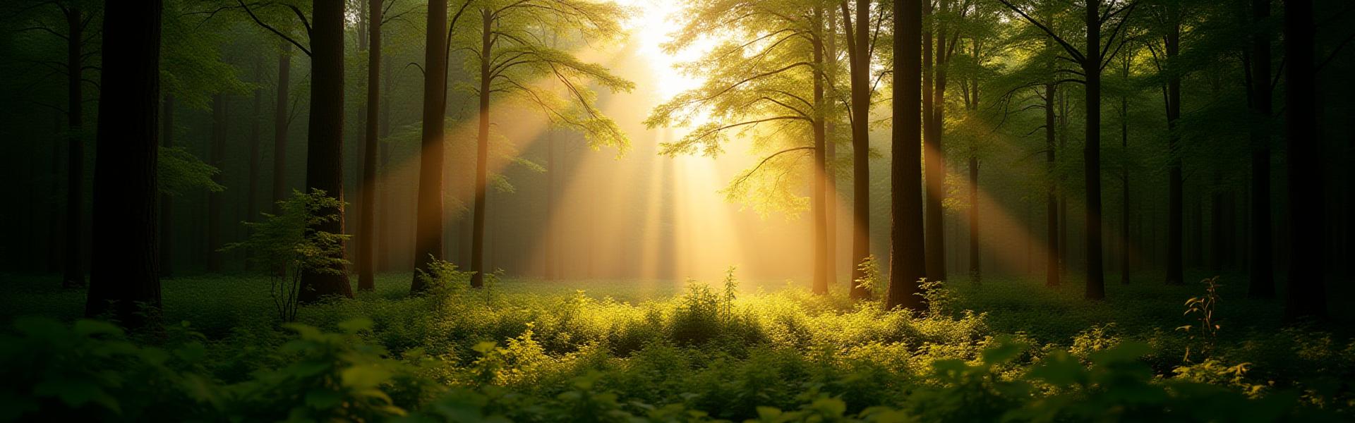 A vibrant, healthy forest landscape under soft sunlight, illustrating responsible forestry.