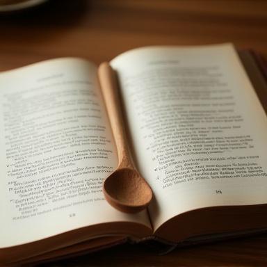 Hand-turned wooden spoon resting open on a vintage cookbook, suggesting home cooking.